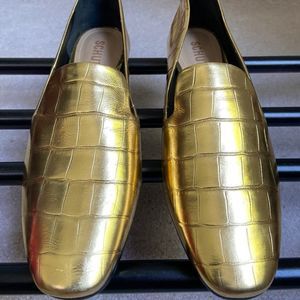 SCHUTZ Women Flor Metallic Gold Croc Embossed Leather Loafers - NEW NWOB